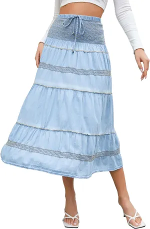 Women's Denim Boho Maxi Skirts Elastic High Waist Ruffle Tied A Line Flowy Long Jeans Skirts
