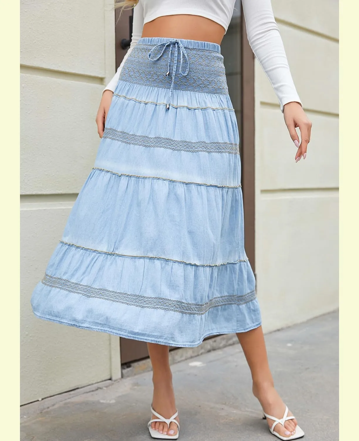 Women's Denim Boho Maxi Skirts Elastic High Waist Ruffle Tied A Line Flowy Long Jeans Skirts