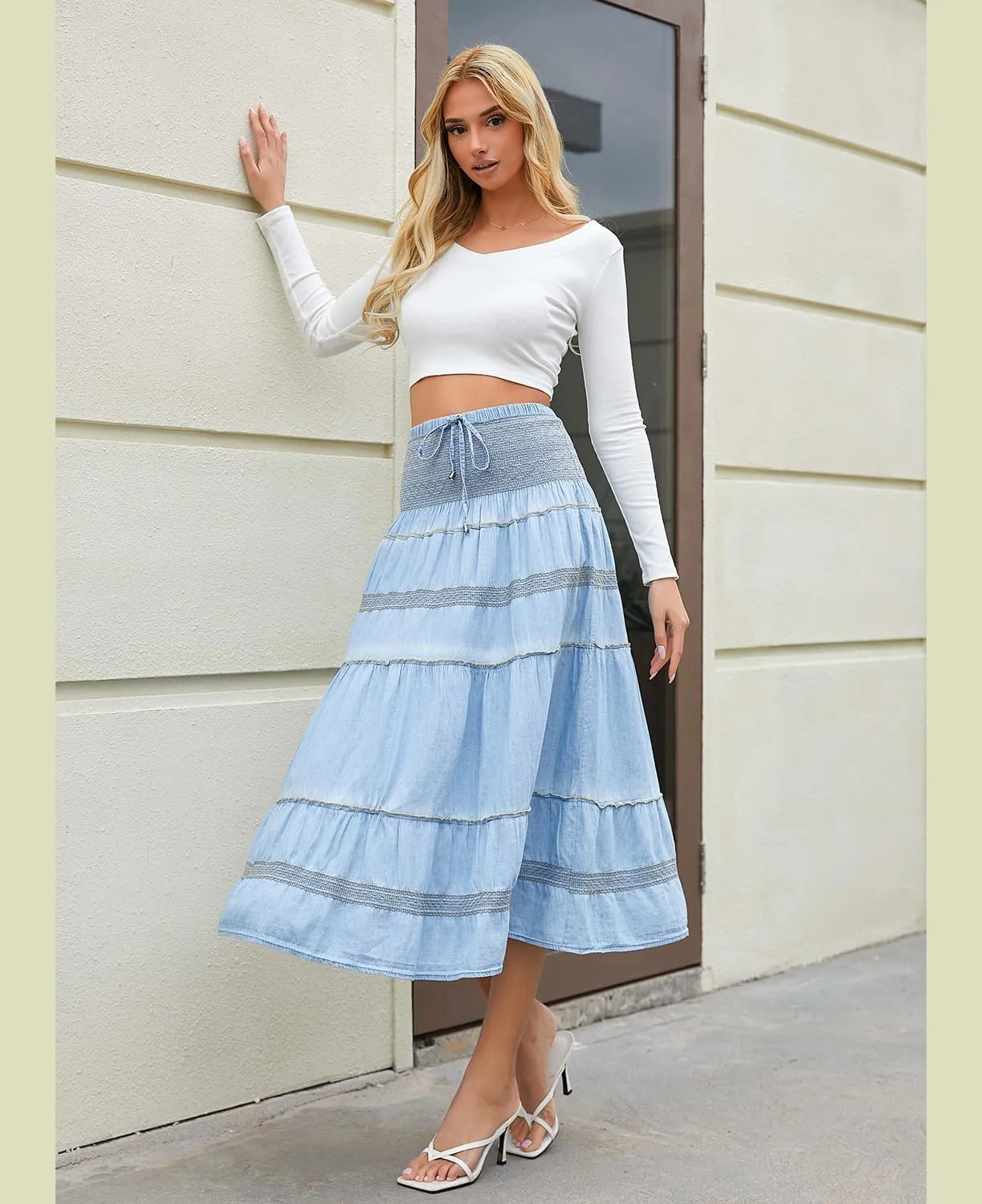 Women's Denim Boho Maxi Skirts Elastic High Waist Ruffle Tied A Line Flowy Long Jeans Skirts