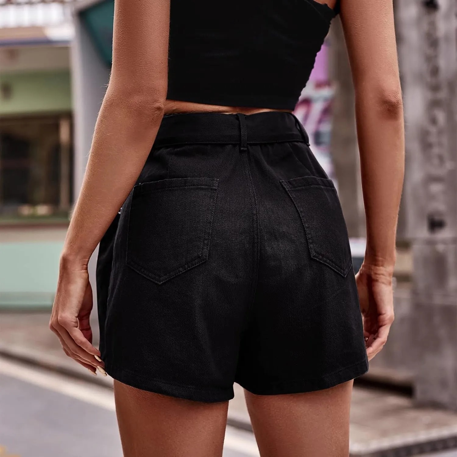 Womens High Waisted Denim Cargo Skirt Shorts Jean Skorts Punk Loose Fit Belted Rock Hot Shorts with Pockets
