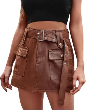 Womens High Waisted Denim Cargo Skirt Shorts Jean Skorts Punk Loose Fit Belted Rock Hot Shorts with Pockets