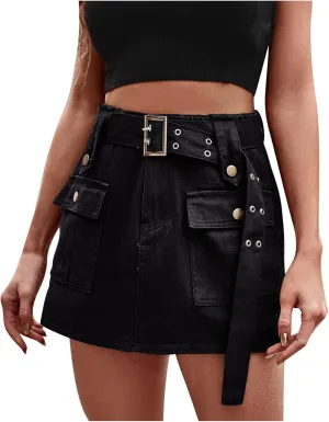 Womens High Waisted Denim Cargo Skirt Shorts Jean Skorts Punk Loose Fit Belted Rock Hot Shorts with Pockets