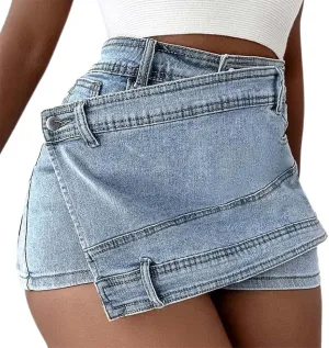 Women's High Waisted Ruffle Trim Denim Skort Skirt Zip Up Layered Jean Shorts Hem Skirt Shorts Plus Size