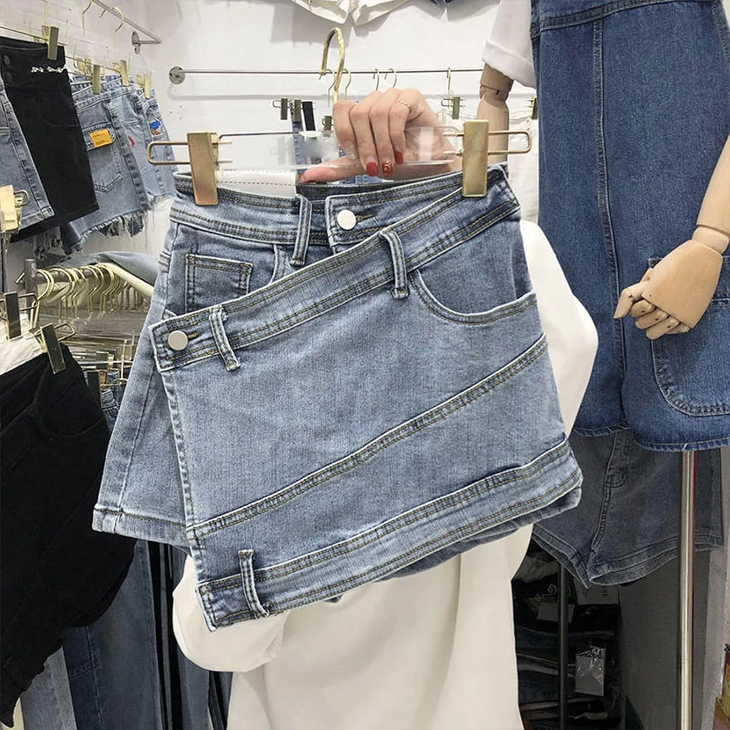 Women's High Waisted Ruffle Trim Denim Skort Skirt Zip Up Layered Jean Shorts Hem Skirt Shorts Plus Size