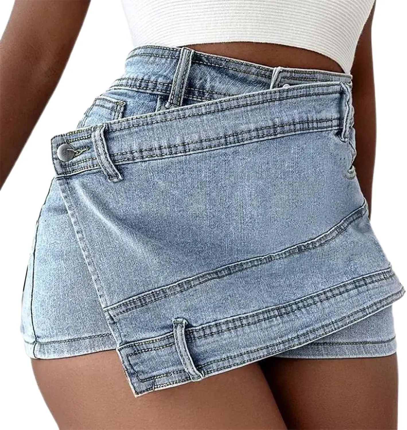 Women's High Waisted Ruffle Trim Denim Skort Skirt Zip Up Layered Jean Shorts Hem Skirt Shorts Plus Size