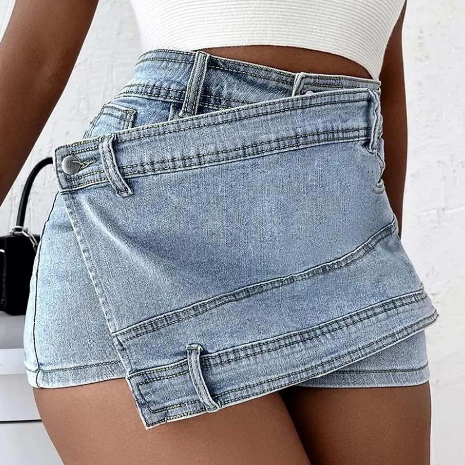 Women's High Waisted Ruffle Trim Denim Skort Skirt Zip Up Layered Jean Shorts Hem Skirt Shorts Plus Size
