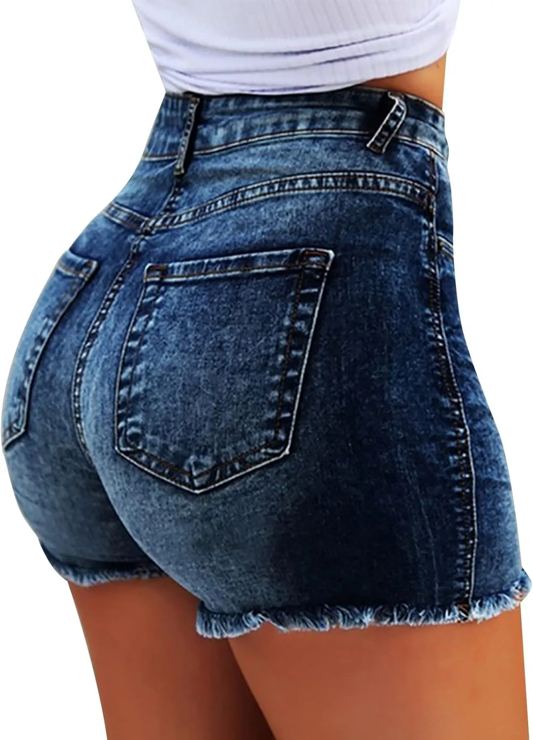 Womens Jean Shorts High Waisted Ripped Denim Jeans Fringed Hole Stretchy Summer Hot Short Pants Frayed Raw Hem Trendy