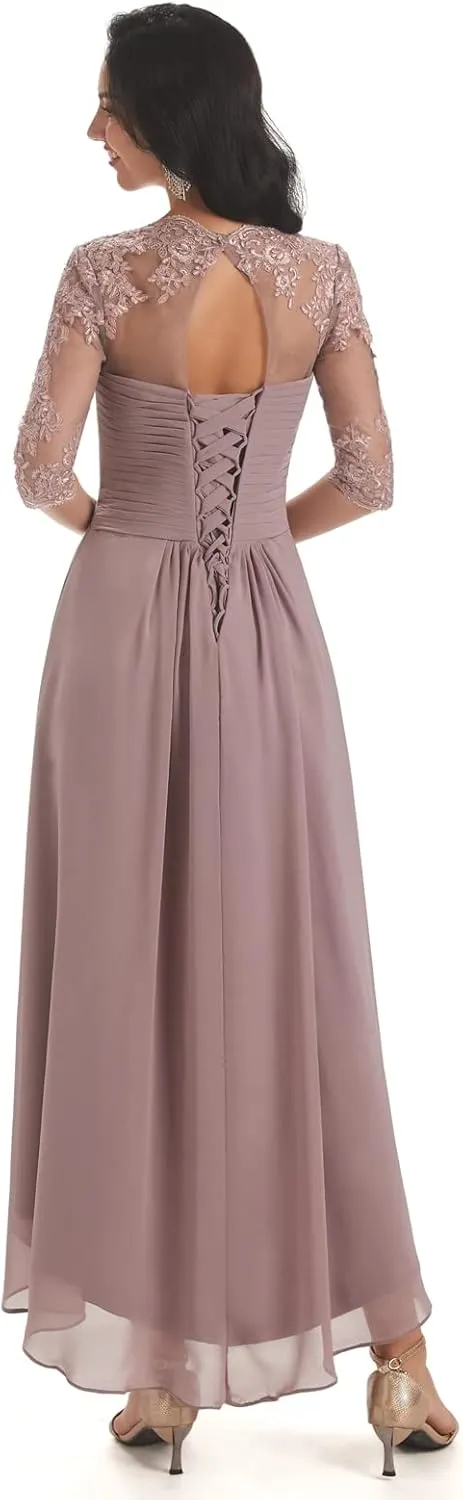 Women's Lace Bodice Mother of The Bride Dresses Tea Length for Wedding A-Line Chiffon Pleated Formal Party Gown