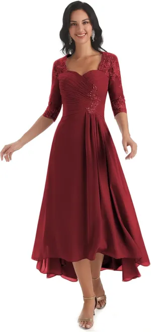 Women's Lace Bodice Mother of The Bride Dresses Tea Length for Wedding A-Line Chiffon Pleated Formal Party Gown