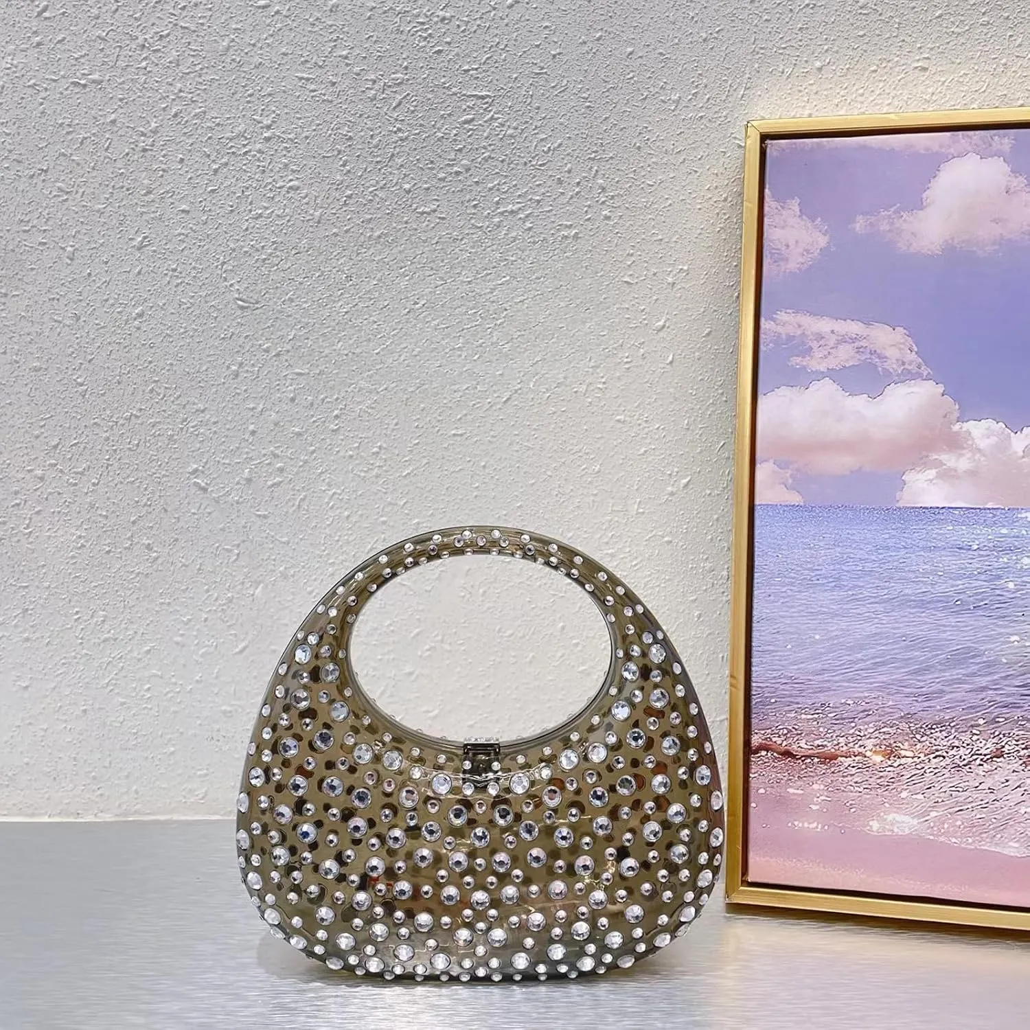 Women's Rhinestone Clear Acrylic Moon Bag Evening Bags Fashion Y2K Lock Buckle Sparkly Party Prom Hobo Clutch Purse (Blue)