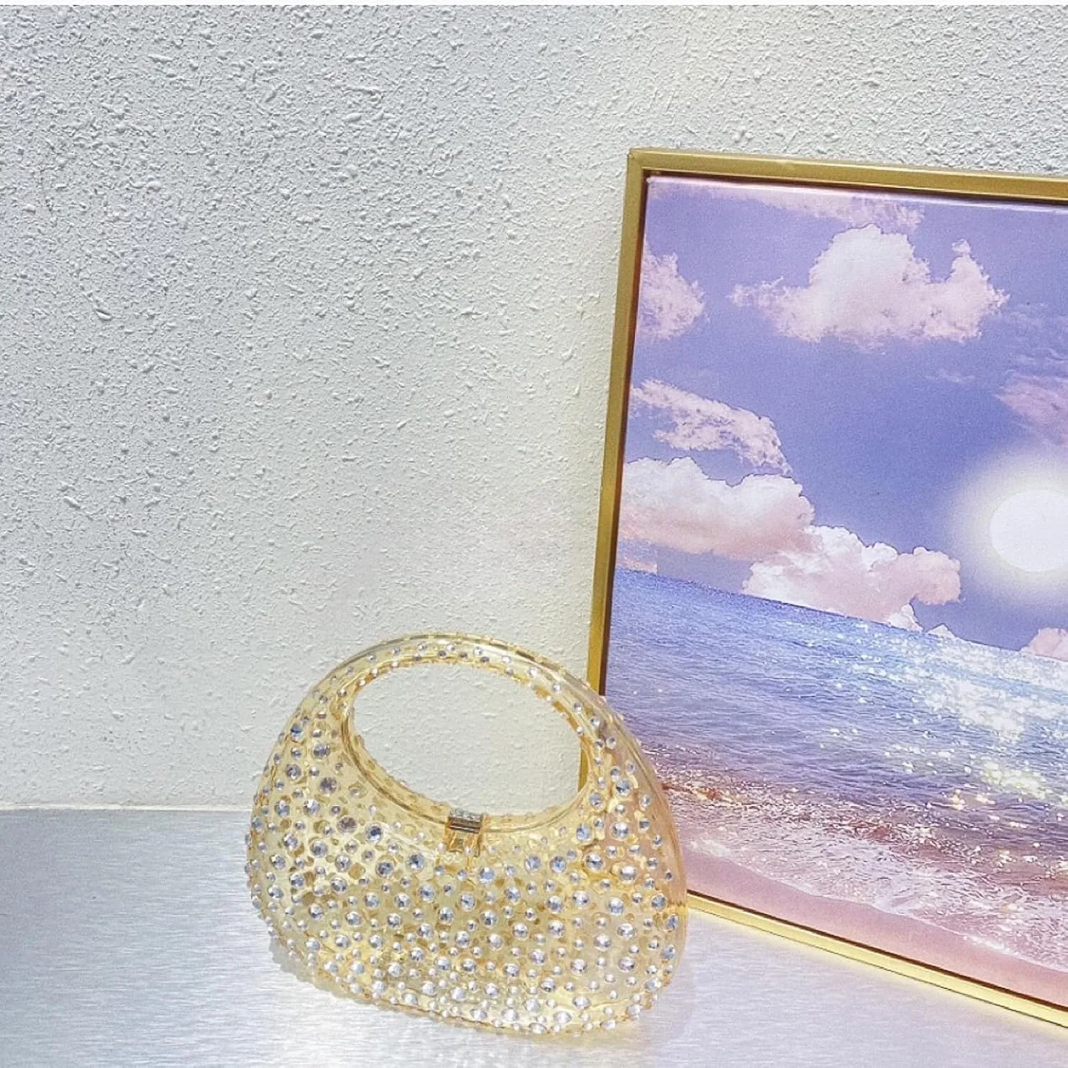 Women's Rhinestone Clear Acrylic Moon Bag Evening Bags Fashion Y2K Lock Buckle Sparkly Party Prom Hobo Clutch Purse (Blue)