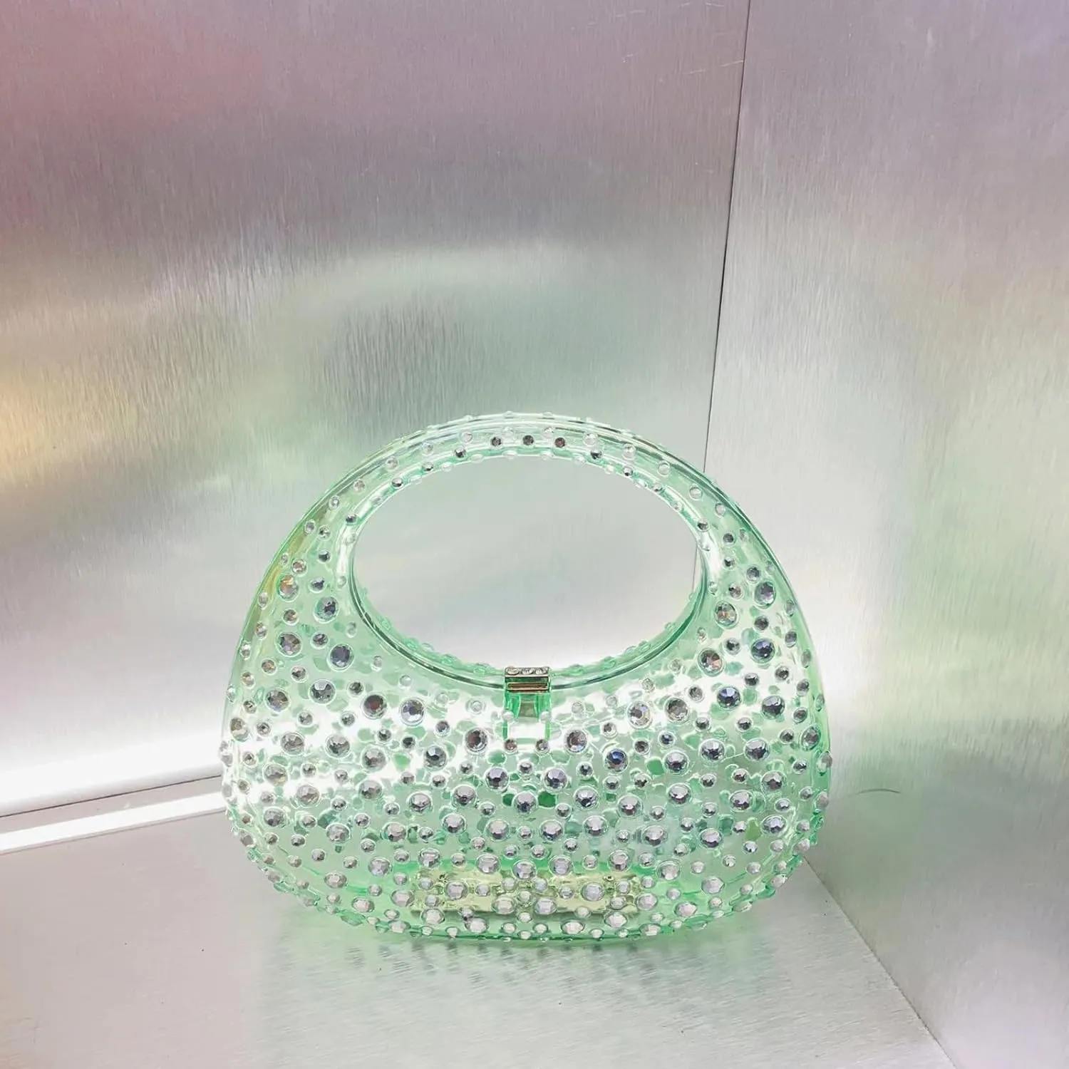 Women's Rhinestone Clear Acrylic Moon Bag Evening Bags Fashion Y2K Lock Buckle Sparkly Party Prom Hobo Clutch Purse (Blue)