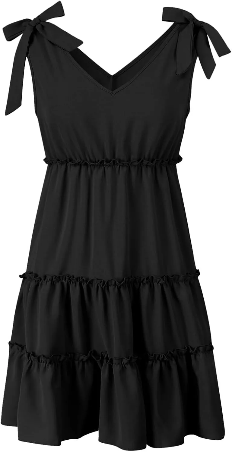 Womens Sleeveless V Neck Casual Mini Dress Ruffle Sexy Summer 2025 A Line Beach Dresses Solid Vacation Flowy Sundress