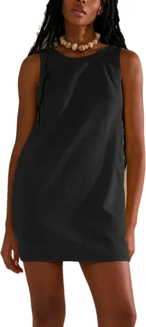 Womens Summer Crew Neck Sleeveless Open Back Dress Casual Beach Sunshine Cotton Linen Mini Dress