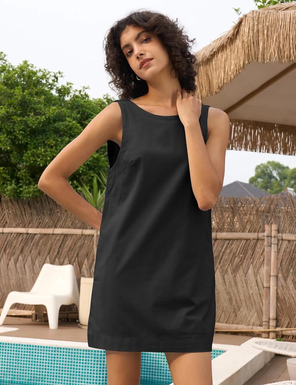 Womens Summer Crew Neck Sleeveless Open Back Dress Casual Beach Sunshine Cotton Linen Mini Dress