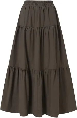 Womens Summer High Waist Boho Solid Color Maxi Skirt Casual Flowy Swing Tiered A Beach Long Skirts