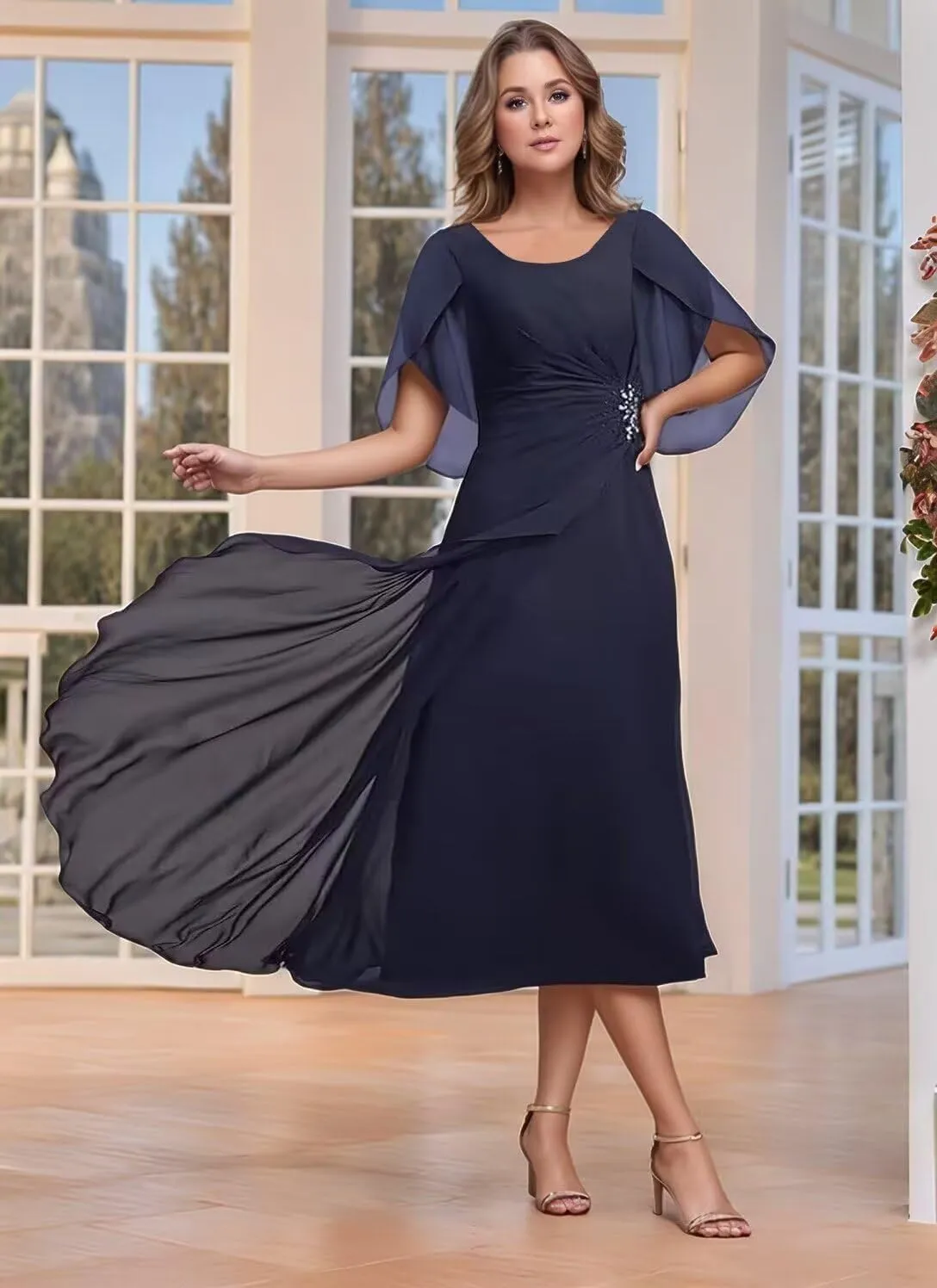 Women's Tea Length Mother of The Bride Dresses Chiffon Ruffles Short Sleeve Formal Dress for Wedding Guest