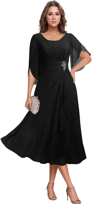 Women's Tea Length Mother of The Bride Dresses Chiffon Ruffles Short Sleeve Formal Dress for Wedding Guest
