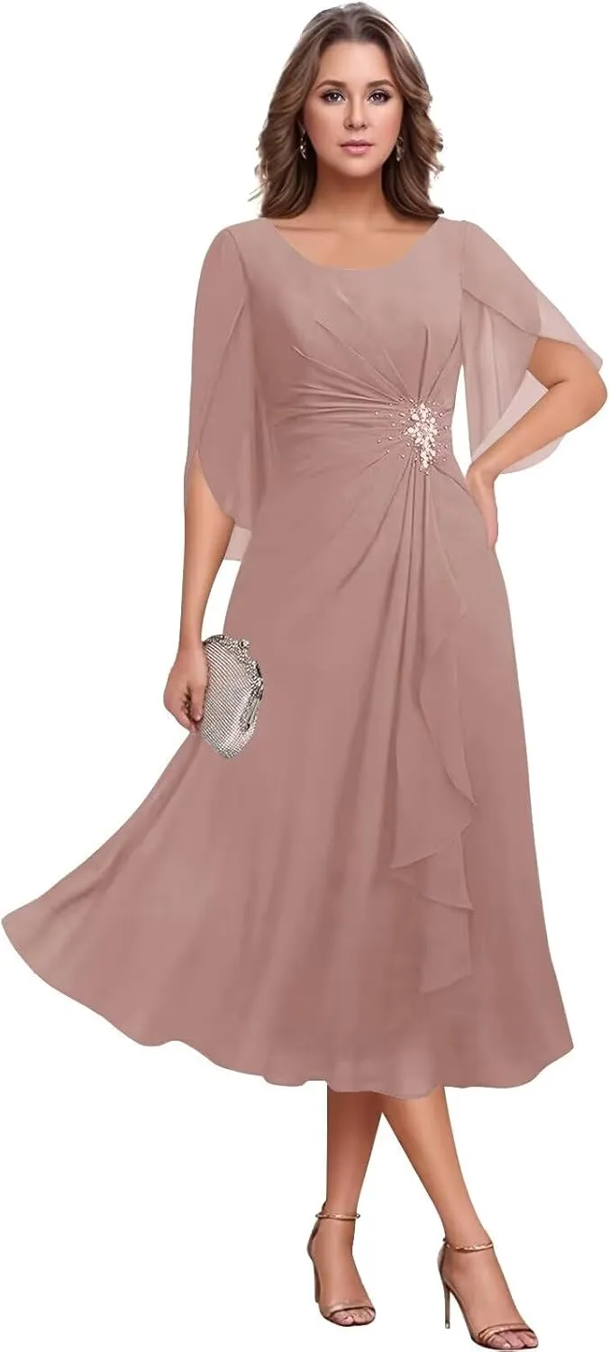 Women's Tea Length Mother of The Bride Dresses Chiffon Ruffles Short Sleeve Formal Dress for Wedding Guest