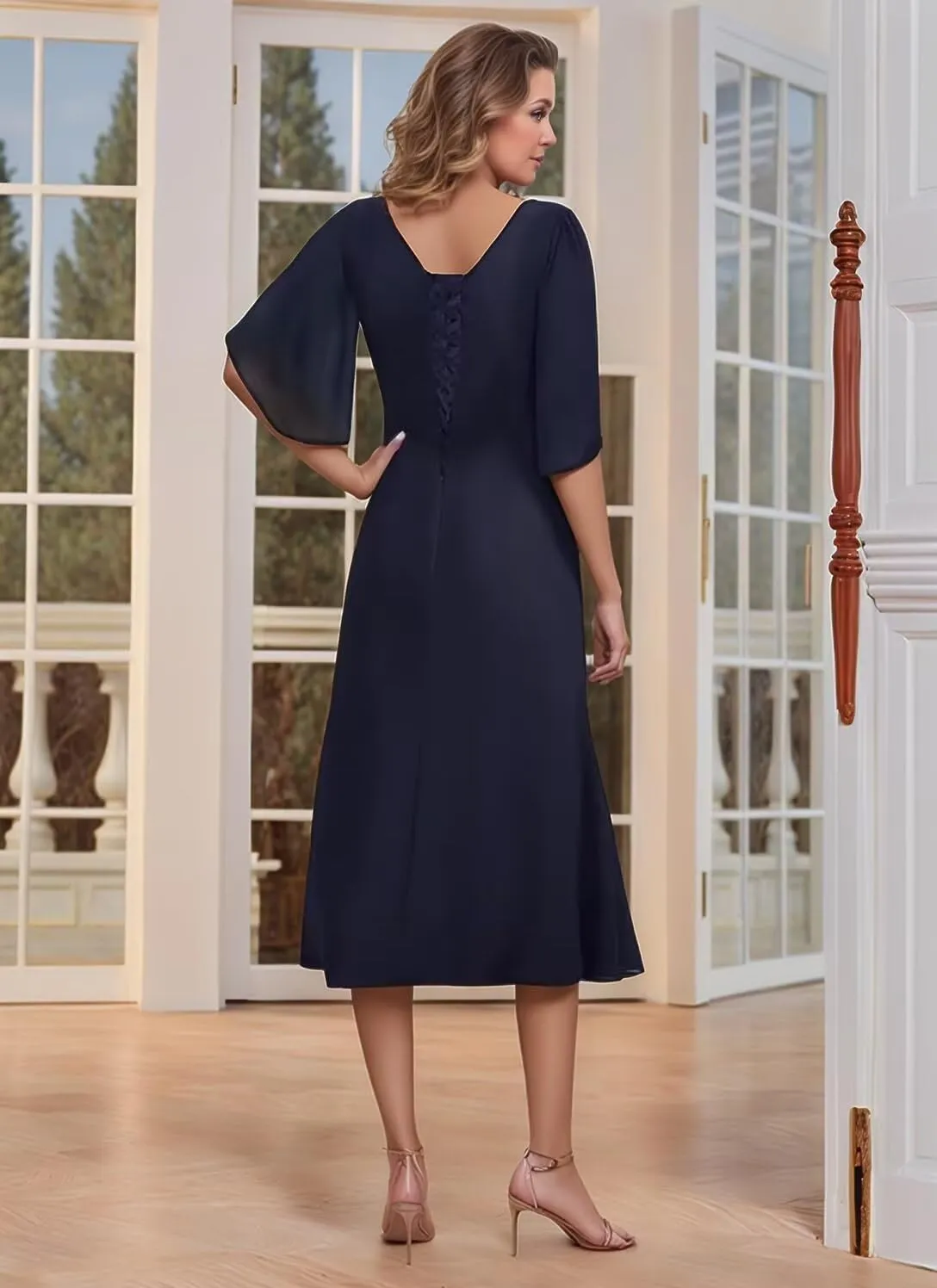 Women's Tea Length Mother of The Bride Dresses Chiffon Ruffles Short Sleeve Formal Dress for Wedding Guest