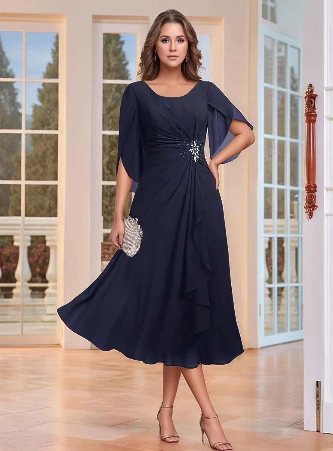 Women's Tea Length Mother of The Bride Dresses Chiffon Ruffles Short Sleeve Formal Dress for Wedding Guest