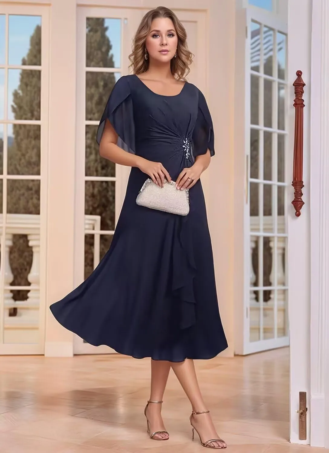Women's Tea Length Mother of The Bride Dresses Chiffon Ruffles Short Sleeve Formal Dress for Wedding Guest
