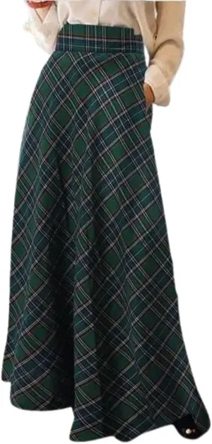 Women's Vintage Plaid Maxi Skirt High Waist Tartan Pleated A Line Long Skirt with Pockets