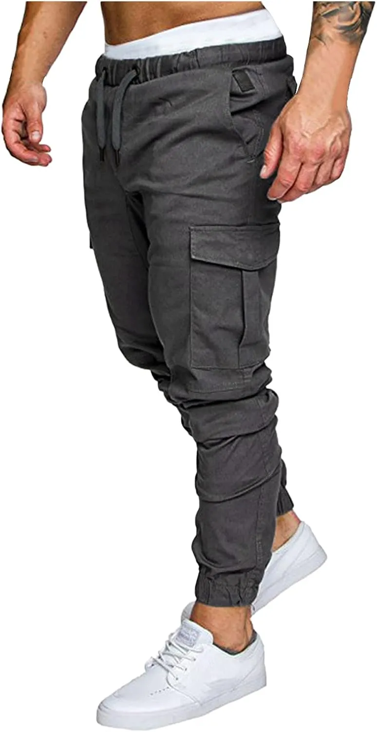 WUAI-Men Cargo Pants Elastic Waist Slim Fit Athletic Jogger Pants Drawstring Khaki Chinos Trousers Sweatpants