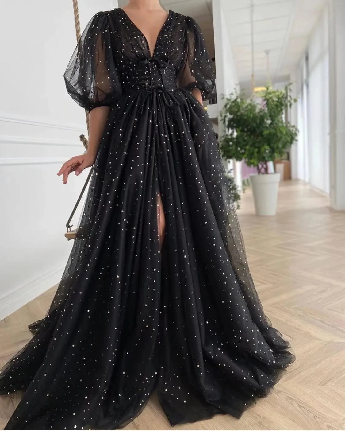 Xijun Women's Sparkle Starry Tulle A Line Puffy Sleeve Prom Dresses with Slit Formal Evening Party Gowns