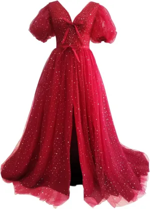 Xijun Women's Sparkle Starry Tulle A Line Puffy Sleeve Prom Dresses with Slit Formal Evening Party Gowns