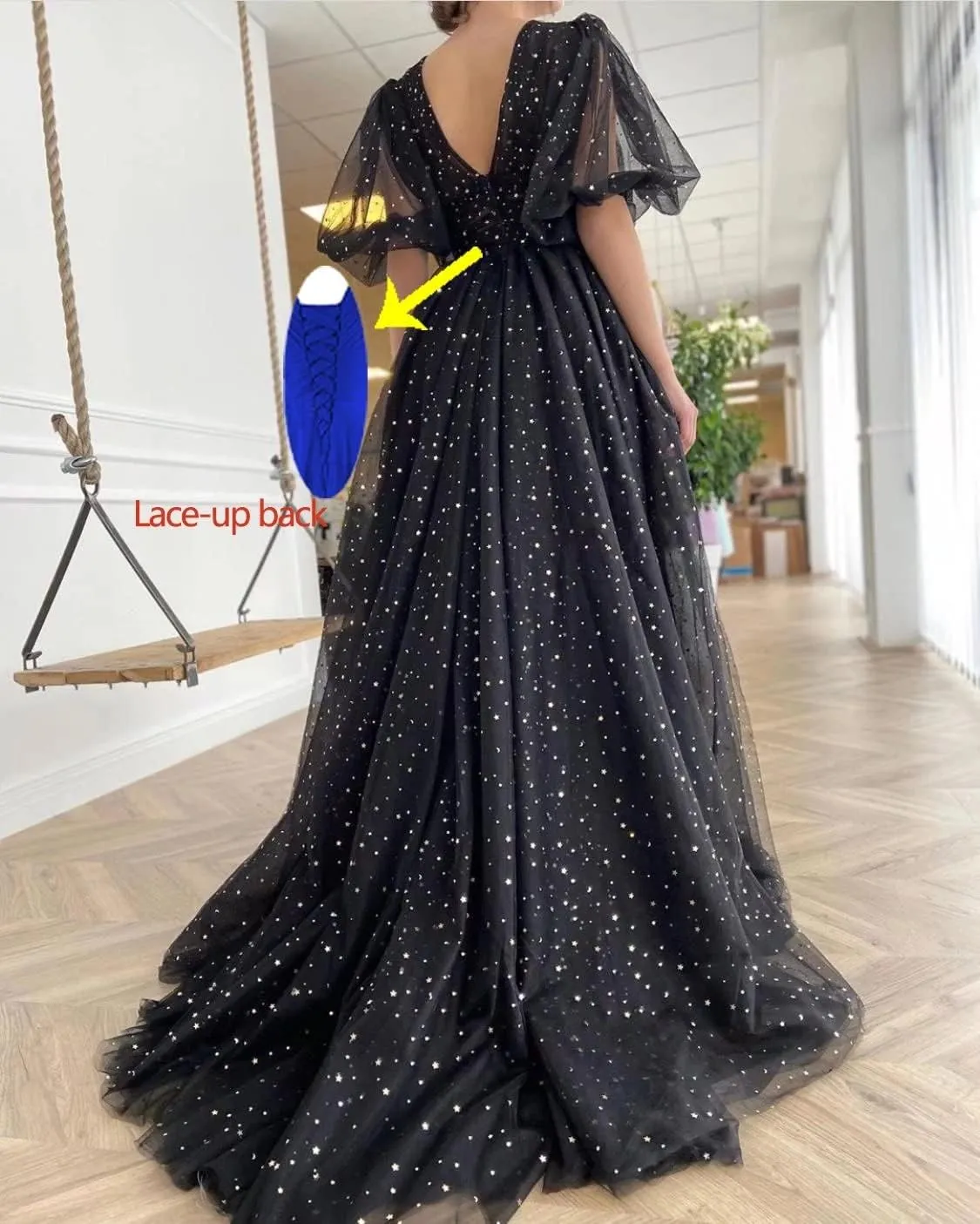 Xijun Women's Sparkle Starry Tulle A Line Puffy Sleeve Prom Dresses with Slit Formal Evening Party Gowns