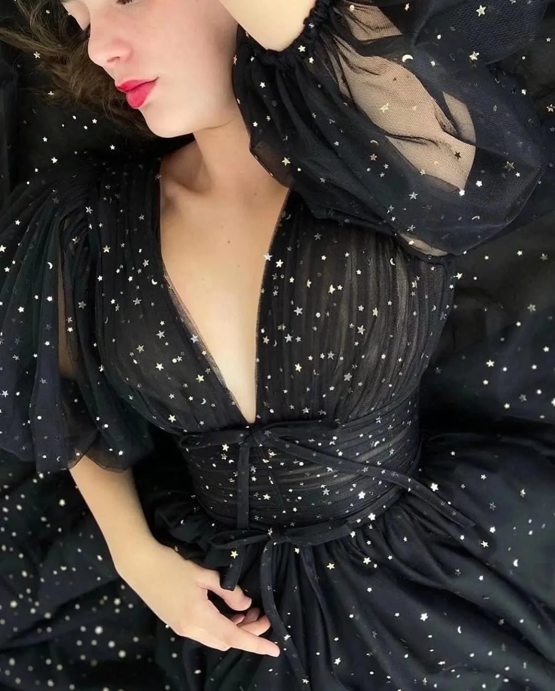 Xijun Women's Sparkle Starry Tulle A Line Puffy Sleeve Prom Dresses with Slit Formal Evening Party Gowns
