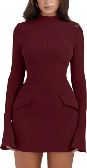 YMDUCH Women's Long Sleeve Mock Turtle Neck Bodycon Mini Tank Short Party Dress