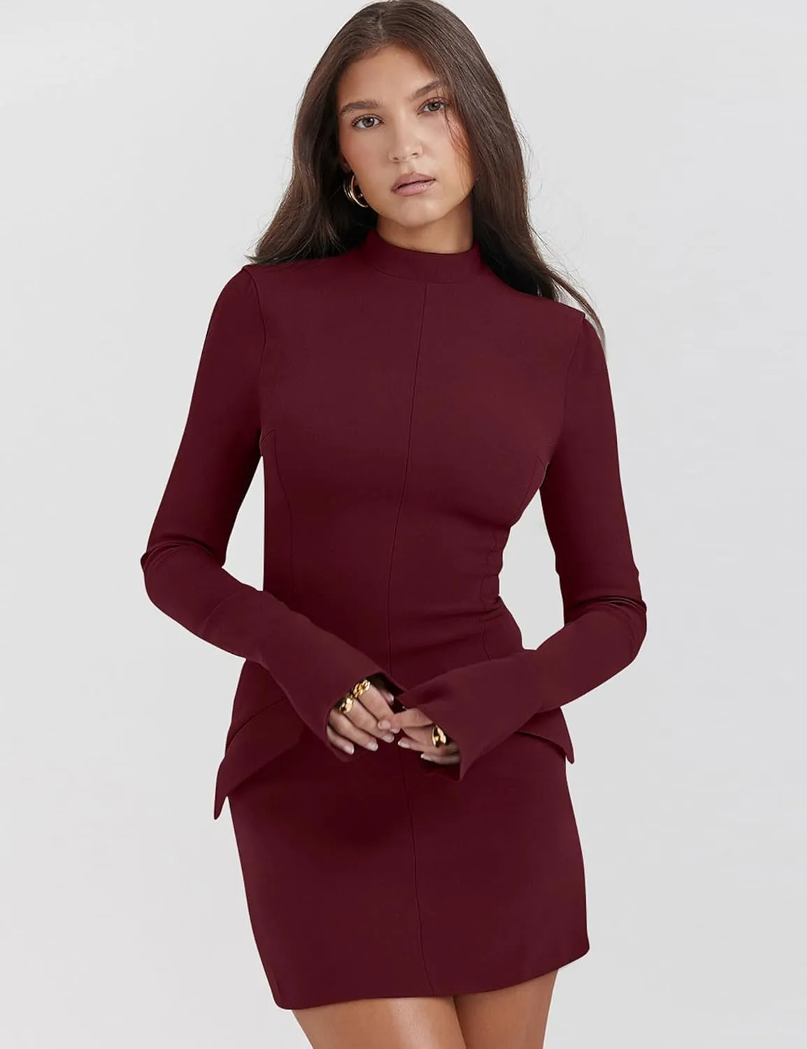 YMDUCH Women's Long Sleeve Mock Turtle Neck Bodycon Mini Tank Short Party Dress