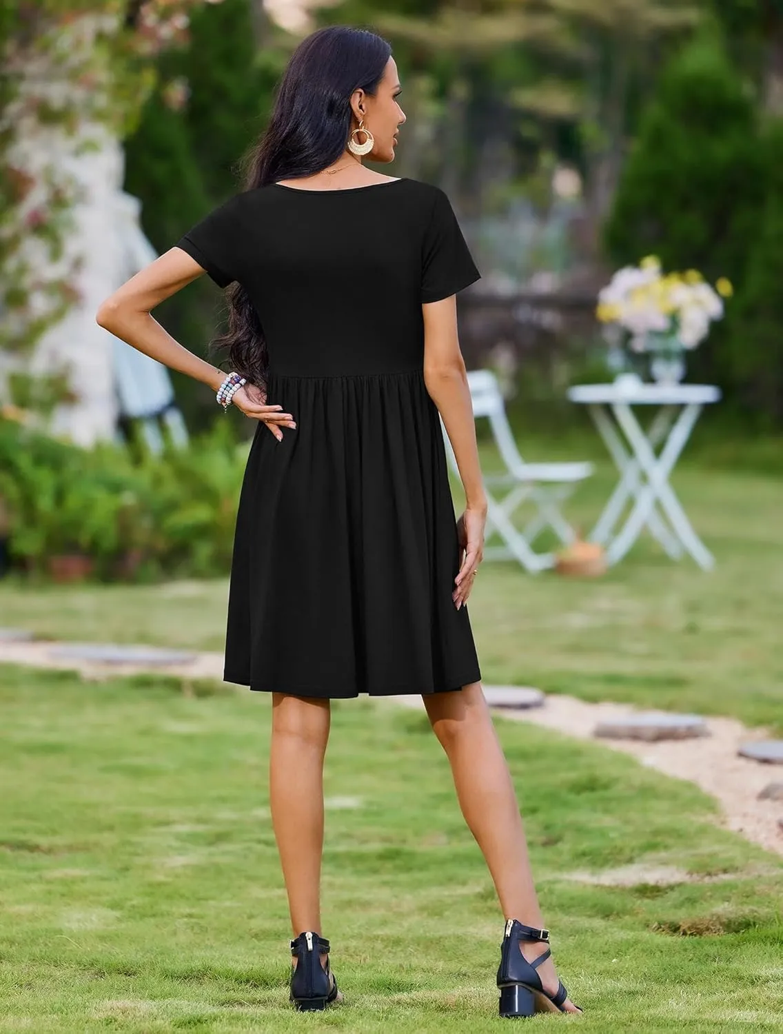 Zeagoo Womens Casual Dress Floral Patchwork Summer Dress Square Neck Short Sleeve A Line Flowy Swing Mini Dress with Pockets