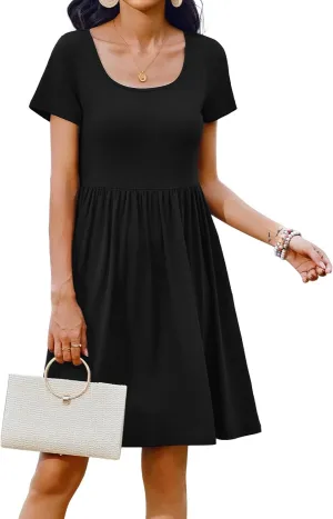 Zeagoo Womens Casual Dress Floral Patchwork Summer Dress Square Neck Short Sleeve A Line Flowy Swing Mini Dress with Pockets