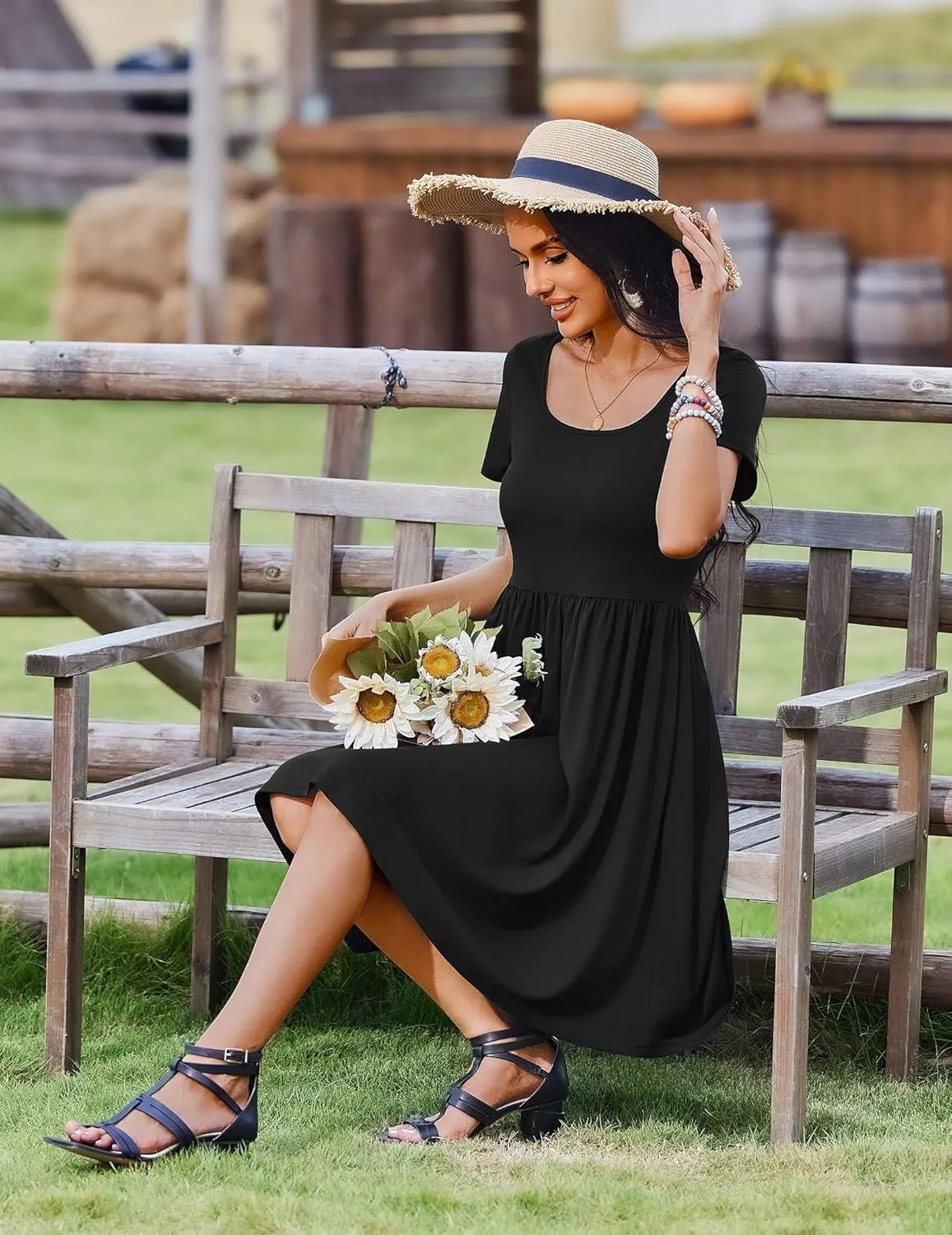 Zeagoo Womens Casual Dress Floral Patchwork Summer Dress Square Neck Short Sleeve A Line Flowy Swing Mini Dress with Pockets