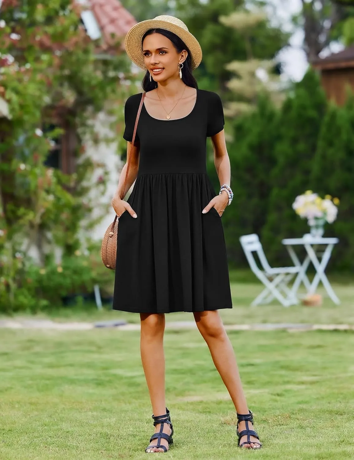 Zeagoo Womens Casual Dress Floral Patchwork Summer Dress Square Neck Short Sleeve A Line Flowy Swing Mini Dress with Pockets