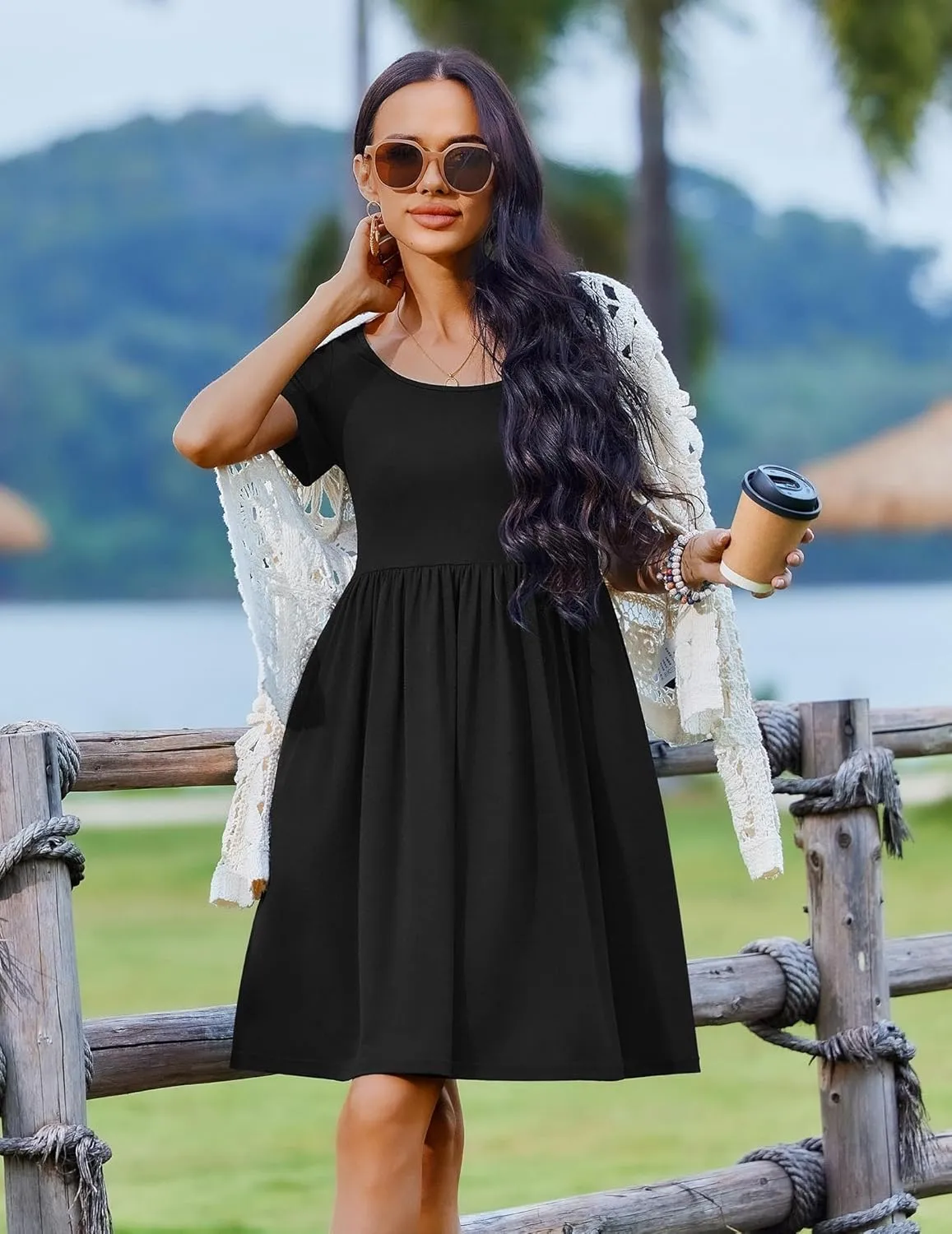 Zeagoo Womens Casual Dress Floral Patchwork Summer Dress Square Neck Short Sleeve A Line Flowy Swing Mini Dress with Pockets