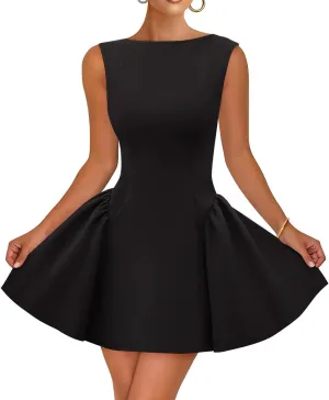 ZESICA Women's 2025 Summer Sleeveless Cocktail Mini Dress Boat Neck Backless Swing A Line Wedding Club Party Short Dresses