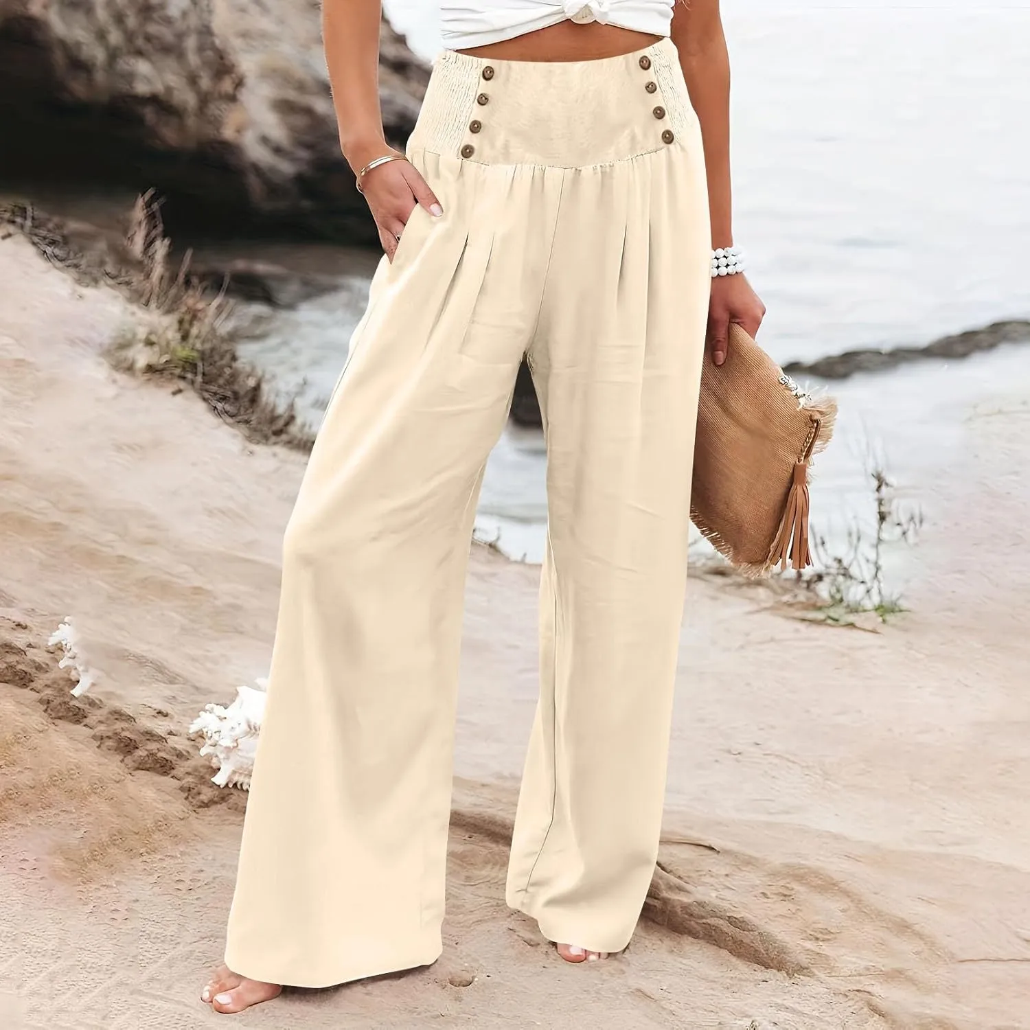 ZYXTIM Boho Pants for Women 2024 Plus Size Summer Wide Leg Smocked High Waisted Long Lounge Trousers Linen Palazzo Pants