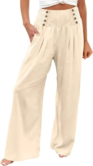 ZYXTIM Boho Pants for Women 2024 Plus Size Summer Wide Leg Smocked High Waisted Long Lounge Trousers Linen Palazzo Pants