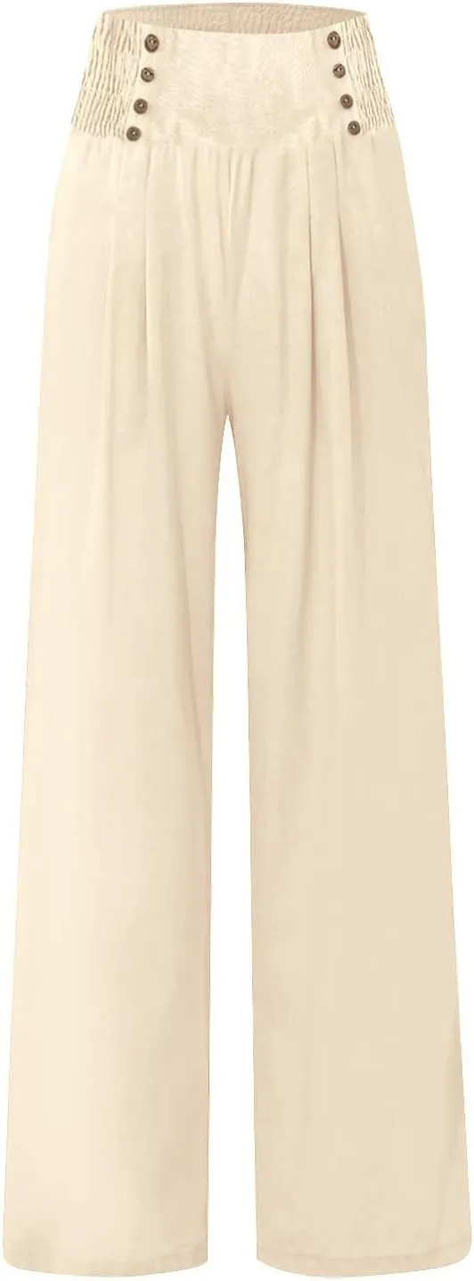 ZYXTIM Boho Pants for Women 2024 Plus Size Summer Wide Leg Smocked High Waisted Long Lounge Trousers Linen Palazzo Pants